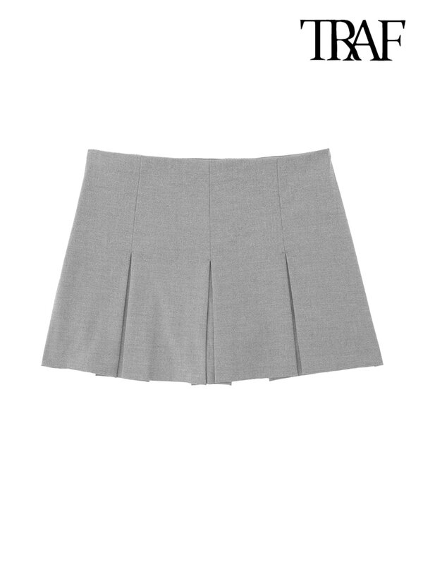 TRAF-Saias plissadas para mulheres, cintura alta, saias vintage, zíper lateral, moda feminina