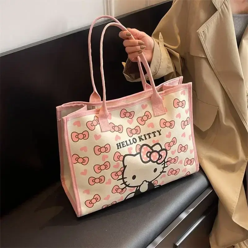 Sanrio Hello Kitty-bolso de hombro de gran capacidad para mujer, bolso de mano de dibujos animados, bolso de compras de lona de viaje, nuevo