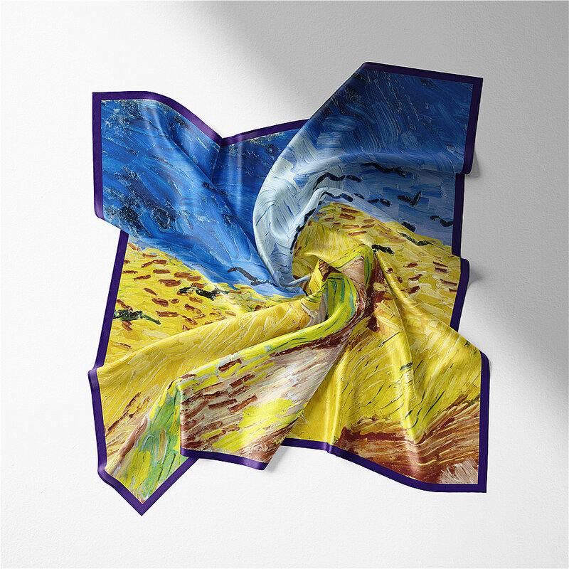 Twill Silk Scarf Woman Van Gogh Night Crow Painting Square Scarves Wraps Bandana Small Hijab Silk Foulards Tie Neckerchief 53CM
