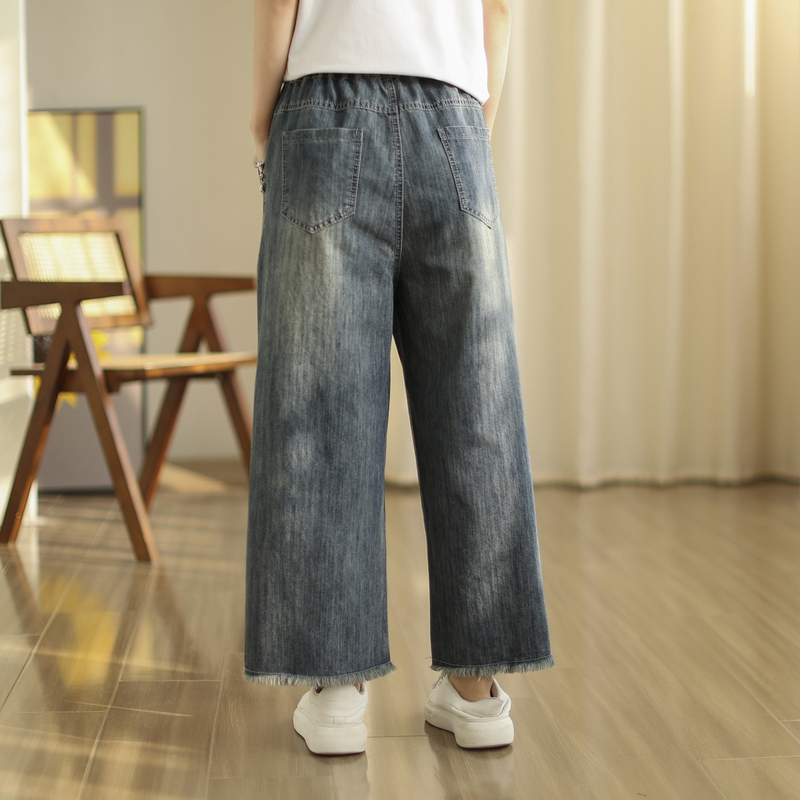 Vintage Wide Leg Jeans for Women Summer Autumn Japan Harajuku Fashion Elastic Waist Fringe Embroider Denim Pants