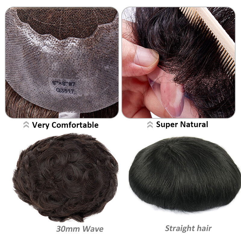 Q6 Toupee For Men Swiss Lace & PU Base Human Hair Replacement Systems Unit Toupee Wig For Men 6" Male Hair Prosthesis
