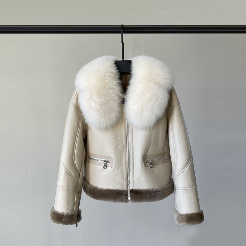 Ayunsue casaco de pele de lã real feminino inverno quente gola de pele de raposa jaqueta de pele de couro genuíno motociclista casacos de pele natural