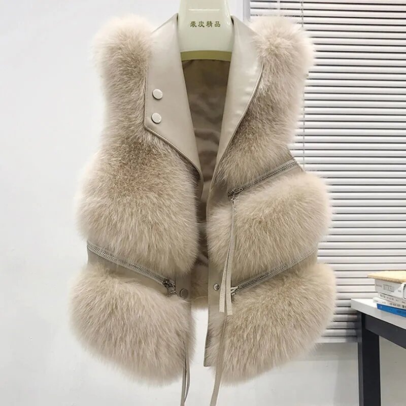 Chaleco de piel sintética para mujer, abrigo de zorro de empalme elegante, chaqueta sin mangas, prendas de vestir ajustadas, 2024