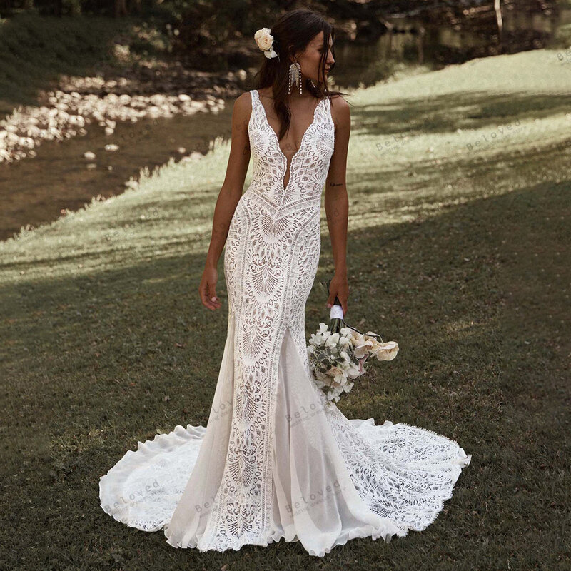 Gaun pernikahan Bohemia gaun pengantin antik jubah panjang lantai tanpa lengan leher V renda untuk pesta Formal gaun pengantin 2024