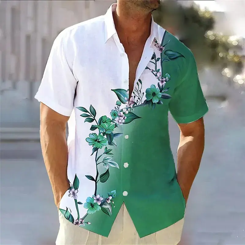 Camisa de manga curta masculina havaiana, estampa floral gradiente, blusa casual de conforto lapela aberta, high-end