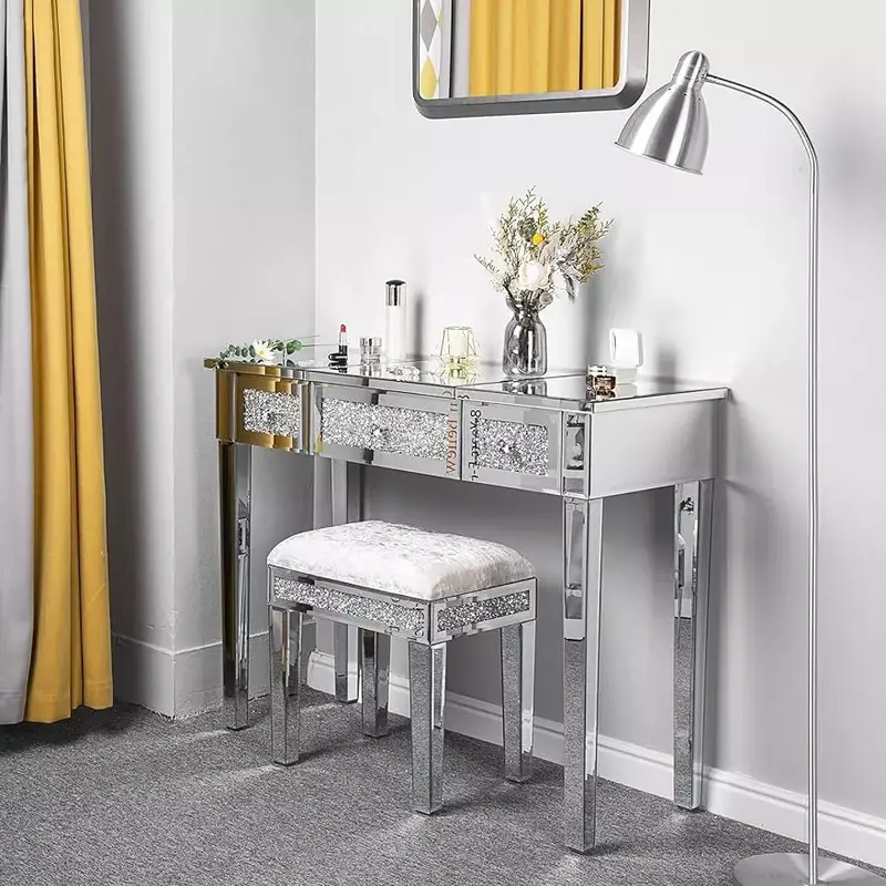 Mirrored Vanity Desk com gavetas, Maquiagem Vanity Table Set com espelho e fezes, penteadeira de prata