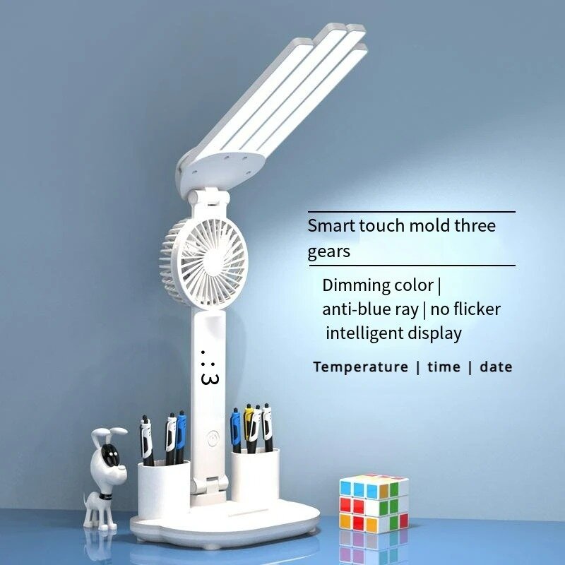 Lampe de protection des yeux LED multifonctionnelle avec affichage de la température, lampe de bureau intelligente, porte-stylo pliable à quatre têtes, ventilateur lumineux