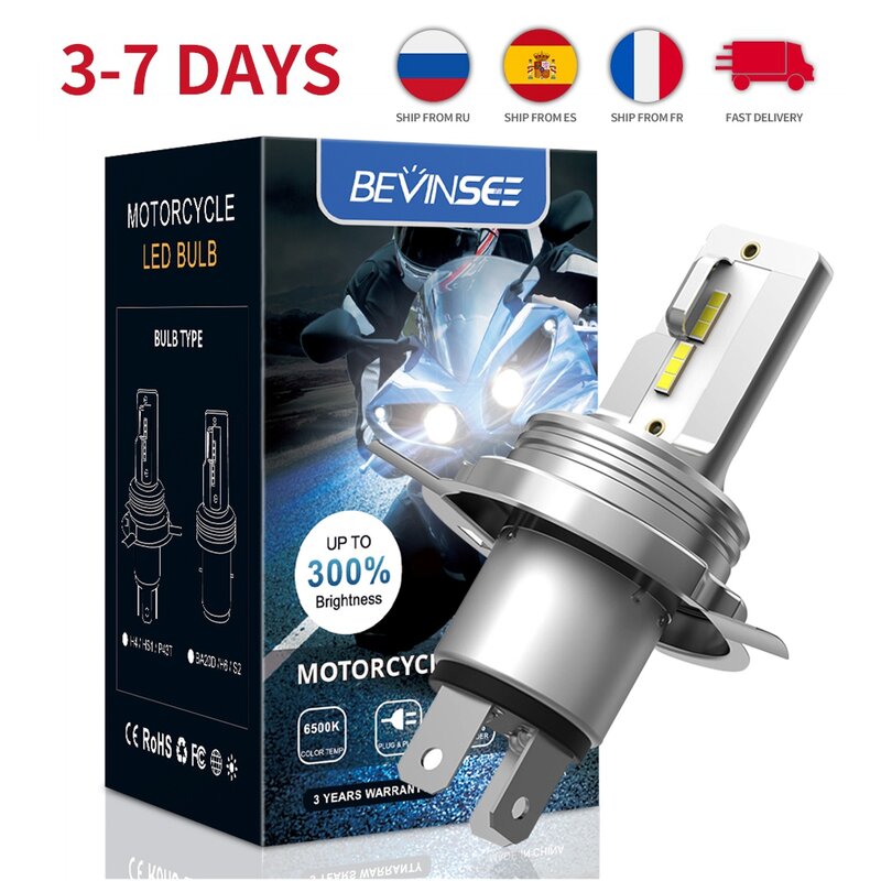 Bevinsee-Ampoules LED H4 BA20D pour Sauna de Moto, Sans Ventilateur, Anti-Polarité, H4 9003, Faisceau Hi-lo, pour Honda, Kawasaki, Yamaha