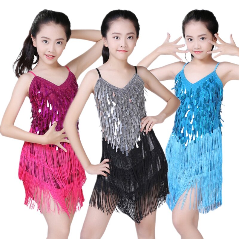 Dzieci cekinowy frędzel seksowna sukienka latynoska konkurs dla dzieci kostium dla dziewcząt Salsa tańcząca sukienka z frędzlami dziewczynki 5-18 lat