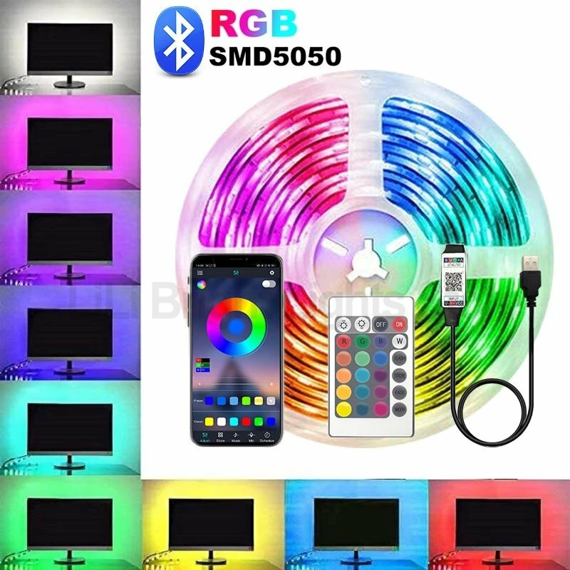 Bluetooth USB LED Strip Lights para crianças, Luz de fundo da TV, Iluminação para salas de jogos, RGB 5050, 5m, 10m, 15m, 20m, Cozinha, Bluetooth