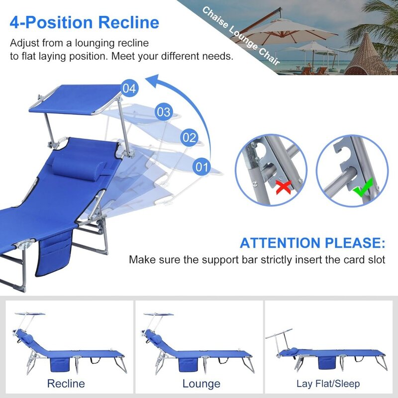 Pocket&Pillow Recliner Outdoor Folding Chaise Lounge Chairs With 4-Position Chairs for Living Room 360° Rotatable Canopy Shade