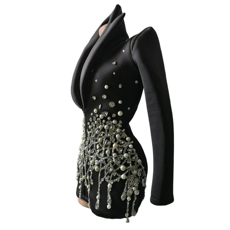 Luxury Rhinestones Suit Women Jazz Dancer Performance Costume Black Fashion Nightclub Party Stage Dress Mini Cocktail Dress