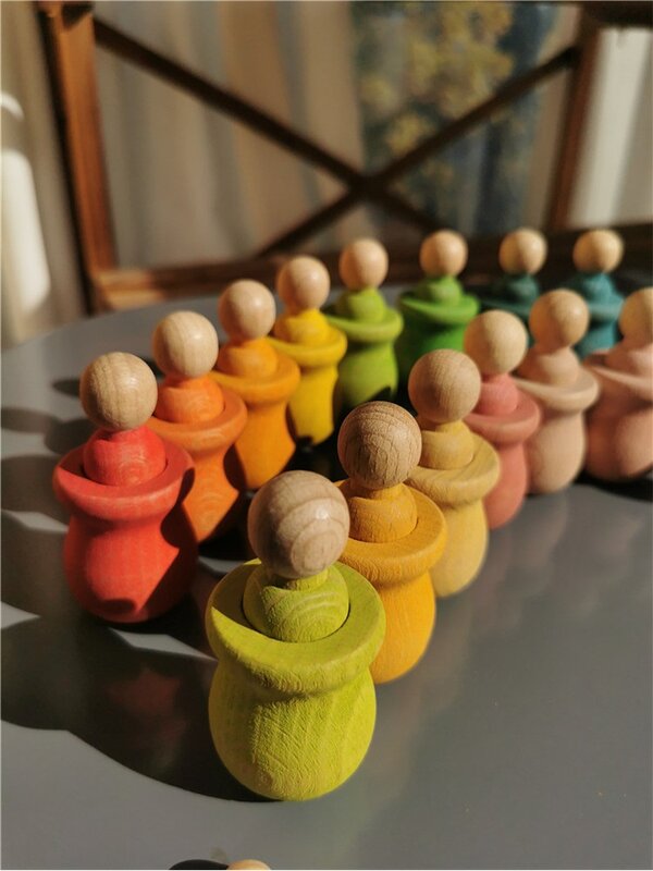 Rainbow Wood Peg Dolls with Cups Handmade Stain Stacking People in Bowls for Kids Open-Ended Play