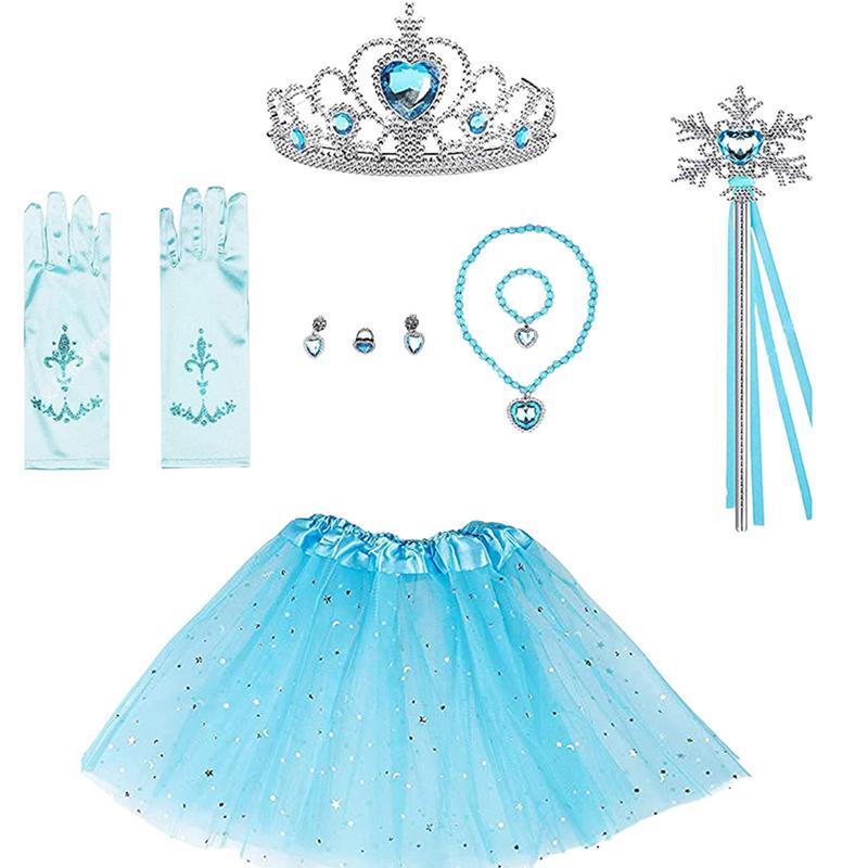 Conjunto de accesorios de vestir de princesa Elsa, Kit de joyería de disfraces de princesa azul, incluye guantes, falda, Tiara de princesa, pulsera y pendientes