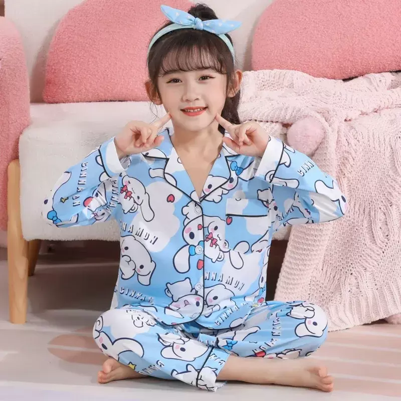 ชุดนอนเด็กในฤดูใบไม้ร่วงฤดูใบไม้ผลิ2024ชุดนอนเด็กผู้หญิงมินิโซะคาวาอนิเมะ Kuromi My Melody Cinnamoroll เด็กชุดนอนเด็กผู้ชาย pakaian rumahan