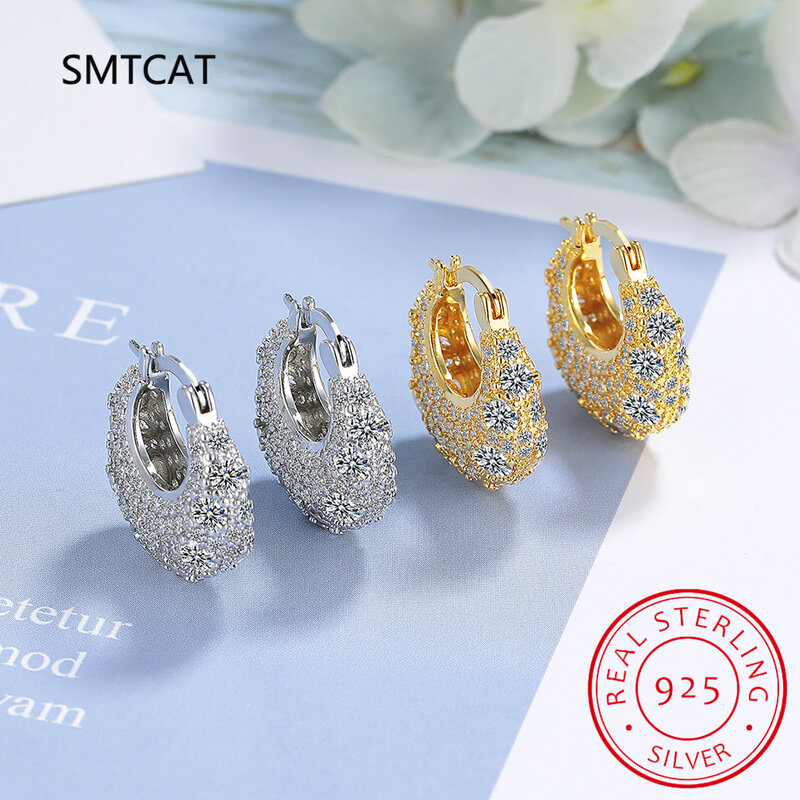 D Moissanite Huggie Hoop Earrings for Women 2023 Trending Silver 925 Fine Jewelry 4.0mm Full Moissanite Diamond Earrings
