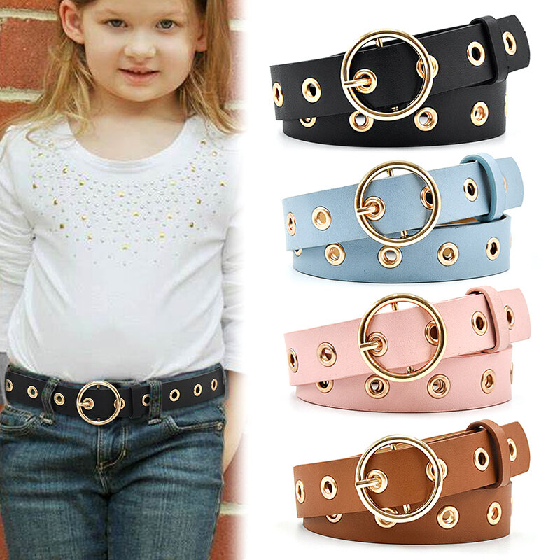 Children Faux Leather Belt Kids Cute Roundness Heart Buckle Belts For Girls Solid Waistband Round Eyelet Grommet Waist Belt