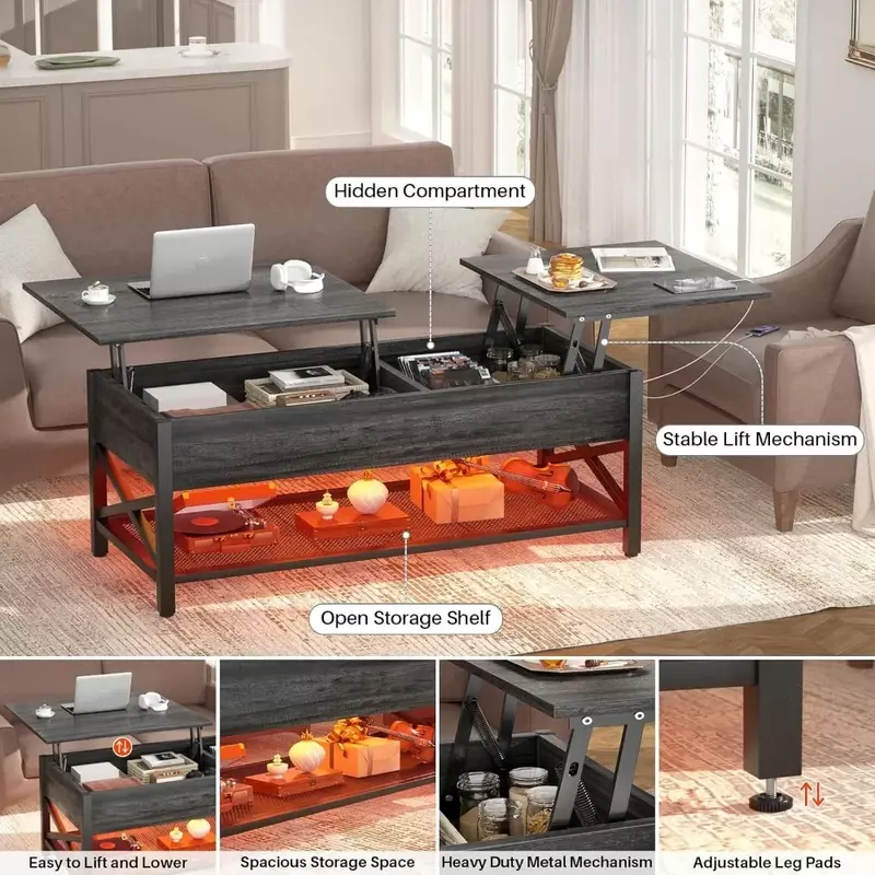 Lift Top Coffee Center Tisch mit LED-Licht und Steckdose Metallrahmen Couch tisch für Holz Wohnzimmer x Unterstützung schwarze Eiche