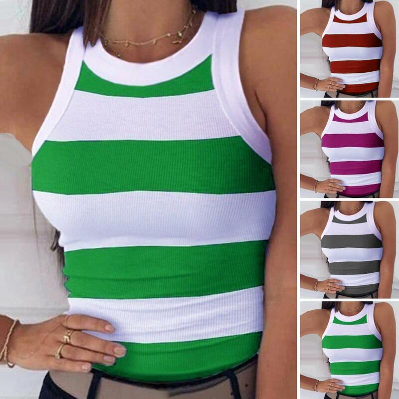 Summer Basic Elastic Tank Top Digital Printing T-shirt Women's O Neck Racerback Sexy Tank Top Stripe Print Sleeveless Tank Top