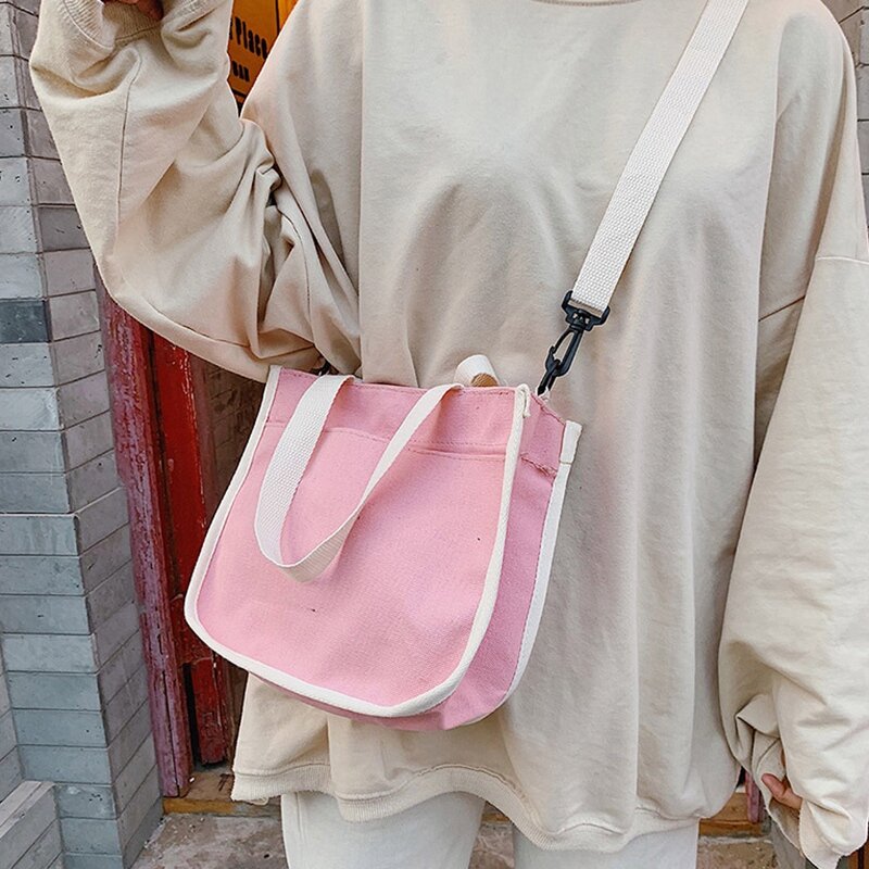 حقيبة كتف يابانية بنمط harjaughu للفتيات ، حقيبة قماشية بلون واحد ، نسخة كورية بسيطة ، للطلاب