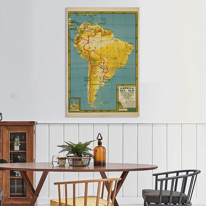 100*150cm 스페인어에서 남아메리카지도 빈티지 포스터 스프레이 캔버스 회화 거실 홈 장식 학교 용품