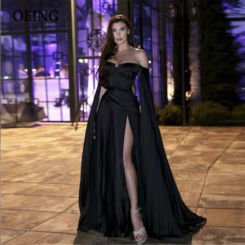 فستان سهرة أنيق أسود مكشوف الكتفين من oding بأكمام طويلة فستان سهرة طول الأرض مناسبة رسمية Vestidos De Noche