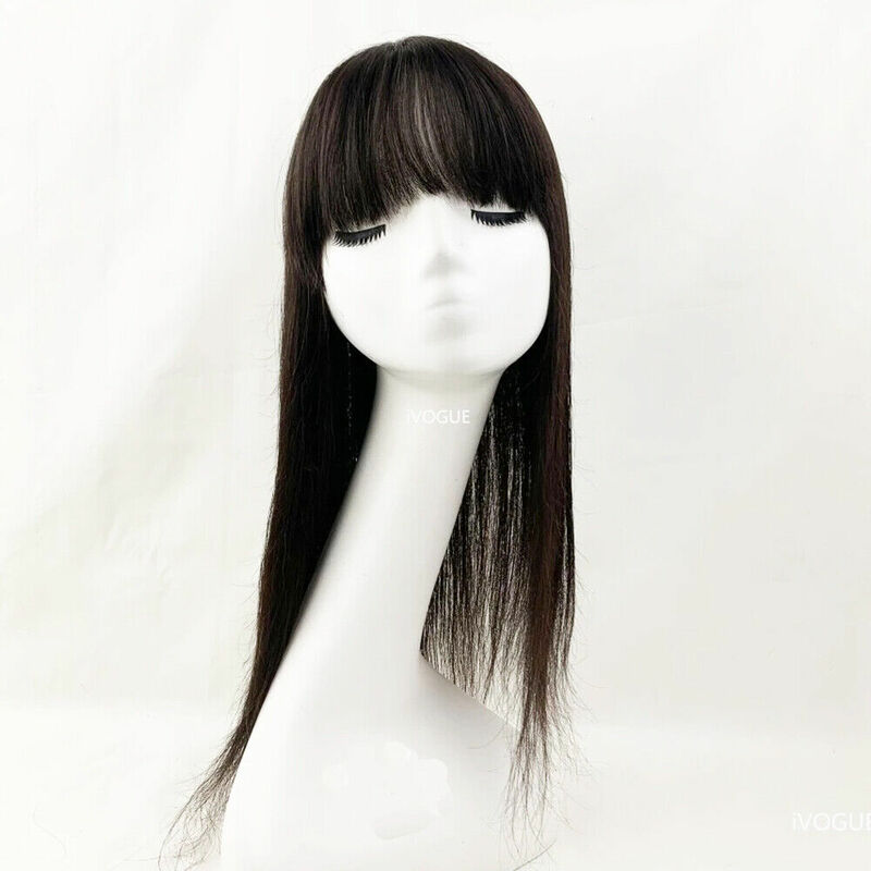 Capa superior de flecos 4D para mujer, Topper de cabello humano con flequillo, parte superior de cuero cabelludo de seda, pieza de cabello de 6 "x 6"