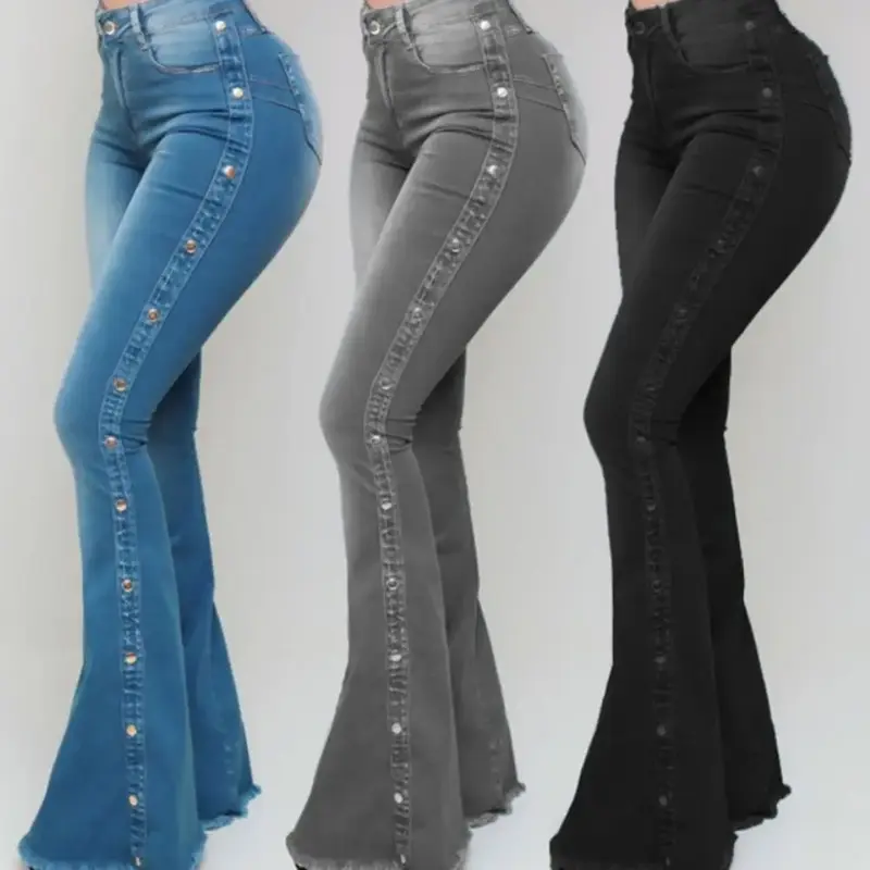 سراويل جينز نسائية غير رسمية متوسطة الخصر مطاطية ، بنطلون جيب أسفل الجرس ، ساق واسعة ، رفع المؤخرة ، نحيف ، طراز كوري