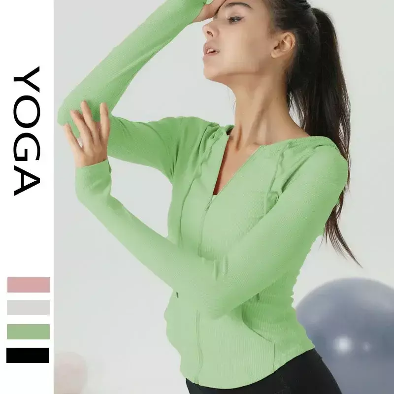 Mantel Yoga wanita lengan panjang, mantel Yoga wanita, tipis, ramping, olahraga, atasan bertudung, nyaman cepat kering
