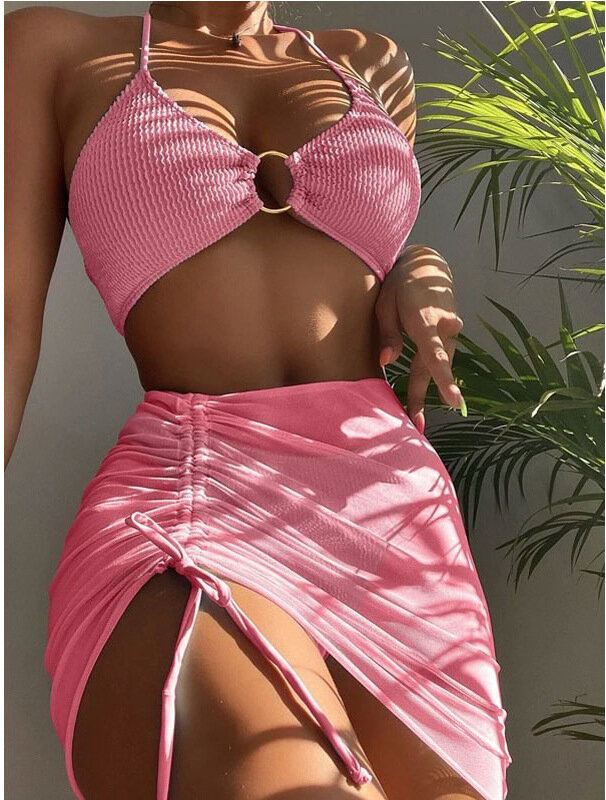 Set Bikini elastis tinggi baru untuk Musim Panas 2024 pakaian renang wanita seksi bertali warna polos tiga potong pakaian renang pakaian pantai