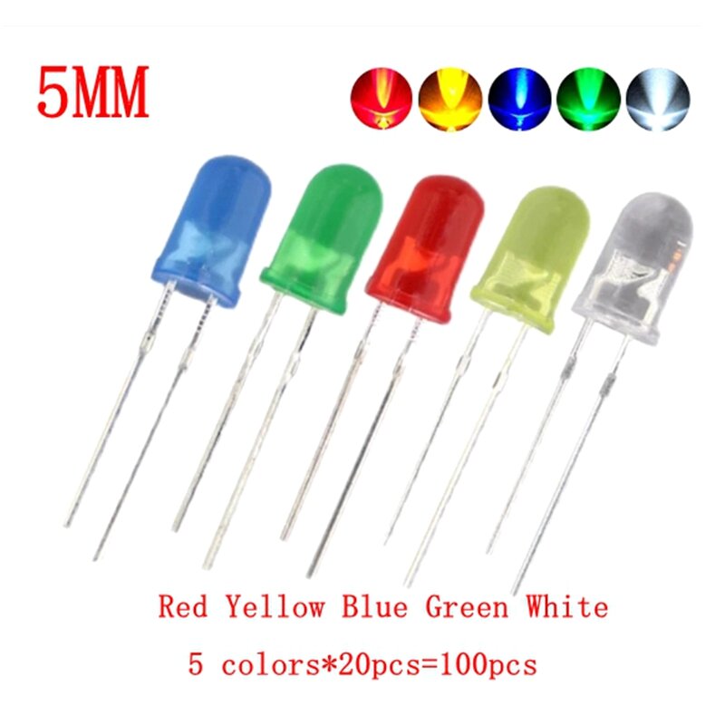 LED 조명 모듬 키트, DIY LED 세트, 전자 DIY 키트, 흰색, 노란색, 빨간색, 녹색, 파란색, 100 개, 3mm, 5mm