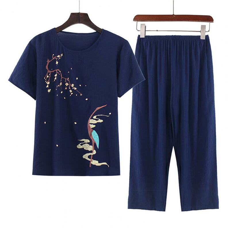 Pijama ligero para mujer, elegante conjunto de pijama de mediana edad con camiseta estampada con cuello redondo, pantalones de pierna ancha, cómodo para madre