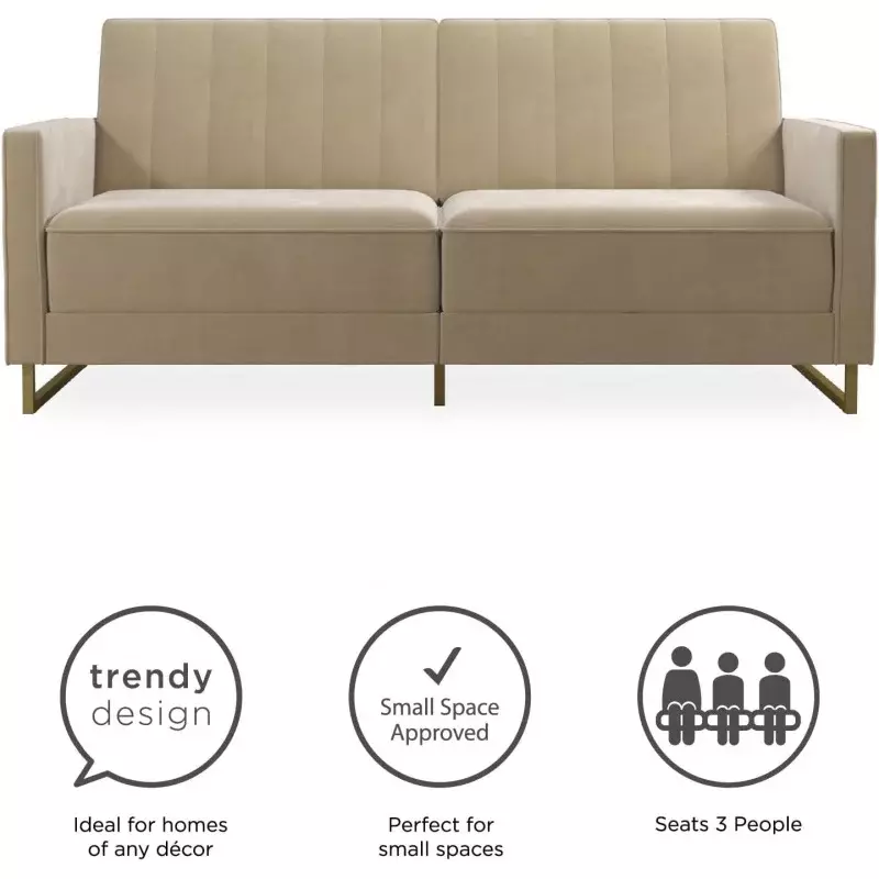 Novoconz-Skylar Bobina Futon Couch, Sofá-cama moderno e sofá, Veludo marfim