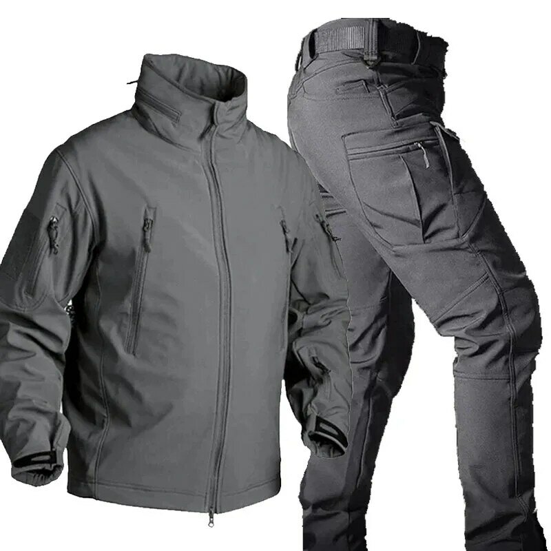 Winter Fleece Tactical Soft Shell Sets Mens Outdoor Waterproof Multi-Pockets Shark Skin Jackets Cargo Pants Military Suits Male