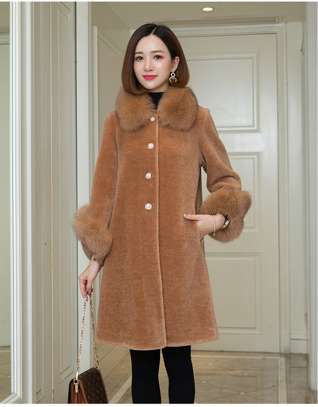 女性のミドル丈キツネの毛皮のコート,襟付き,純綿のウールのジャケット,秋冬のコート,新しいコレクション2024