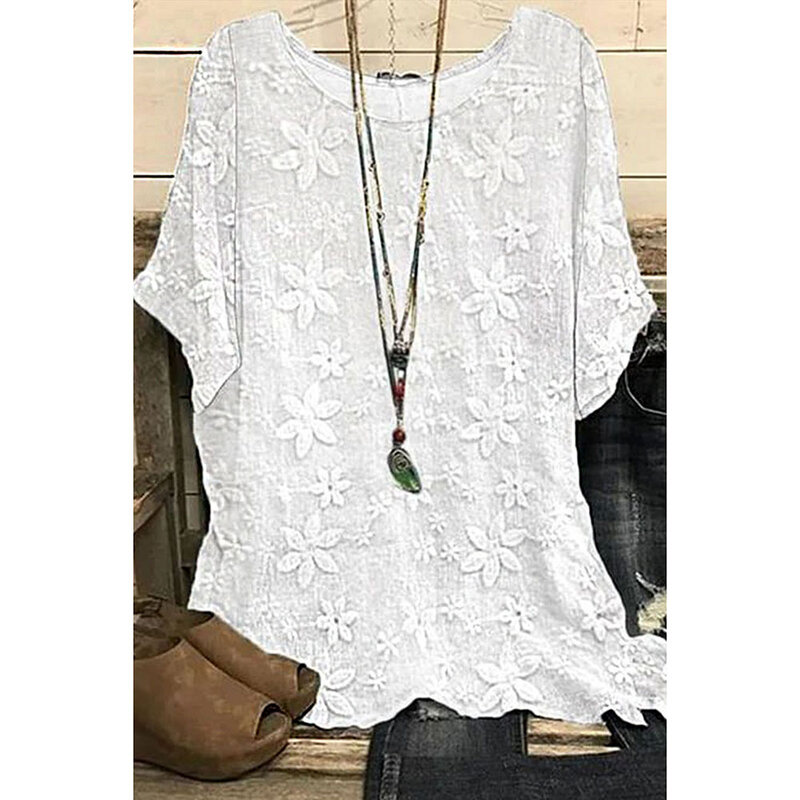 Blusa informal de lino blanco con estampado Floral, talla grande