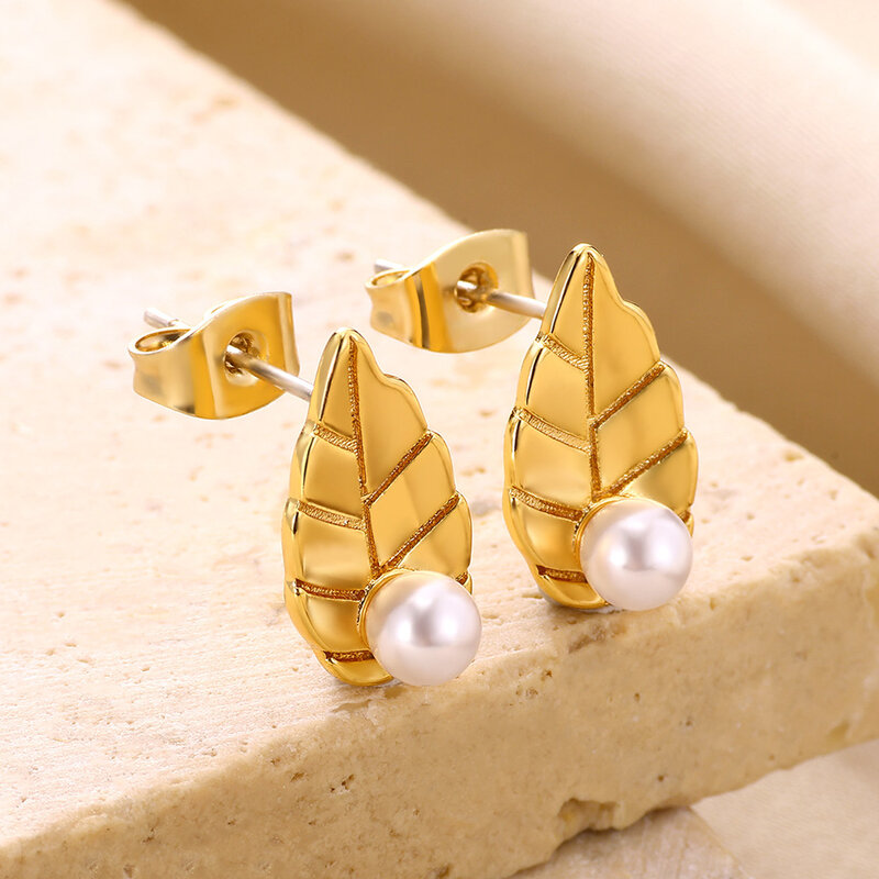 Künstliche Perle Ohr stecker für Frauen Gold Farbe Feder Ohrringe Mode weiblichen Schmuck Accessoires Hochzeits geschenke