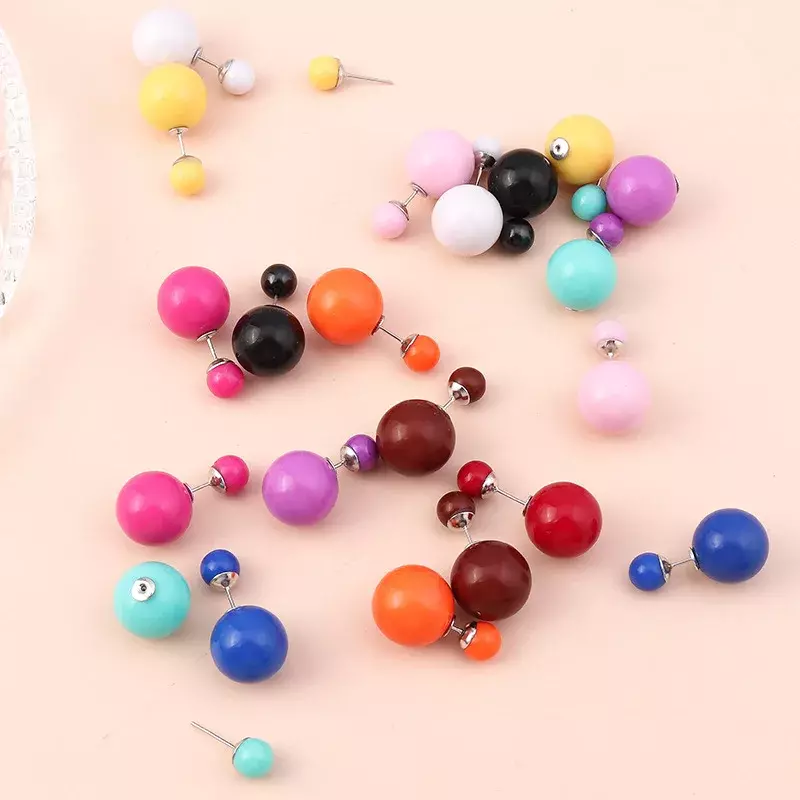 Fashion 16mm Multicolor Acrylic Big and Small Balls Two Sides Pearl Stud Earrings Female Earrings