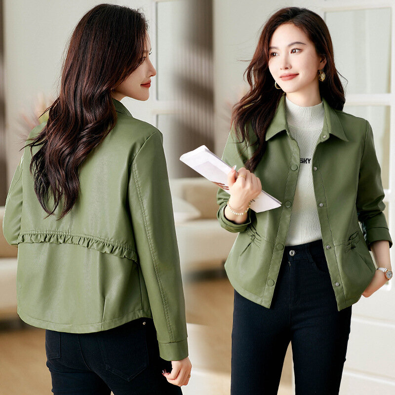 Mantel kulit domba untuk wanita, jaket kulit domba edisi Korea musim semi 2024 untuk wanita