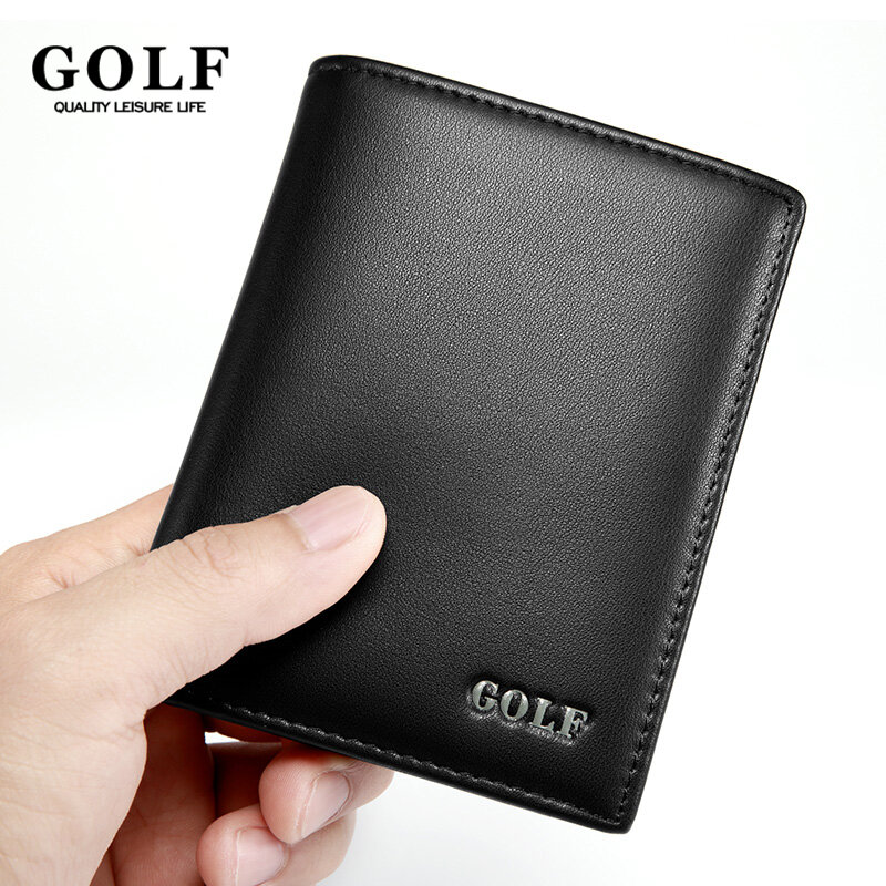 Carteira de couro para homens, cartão pequeno com clipe de dinheiro preto, carteira curta vertical, porta-moedas, escova anti roubo, bolsa de golfe