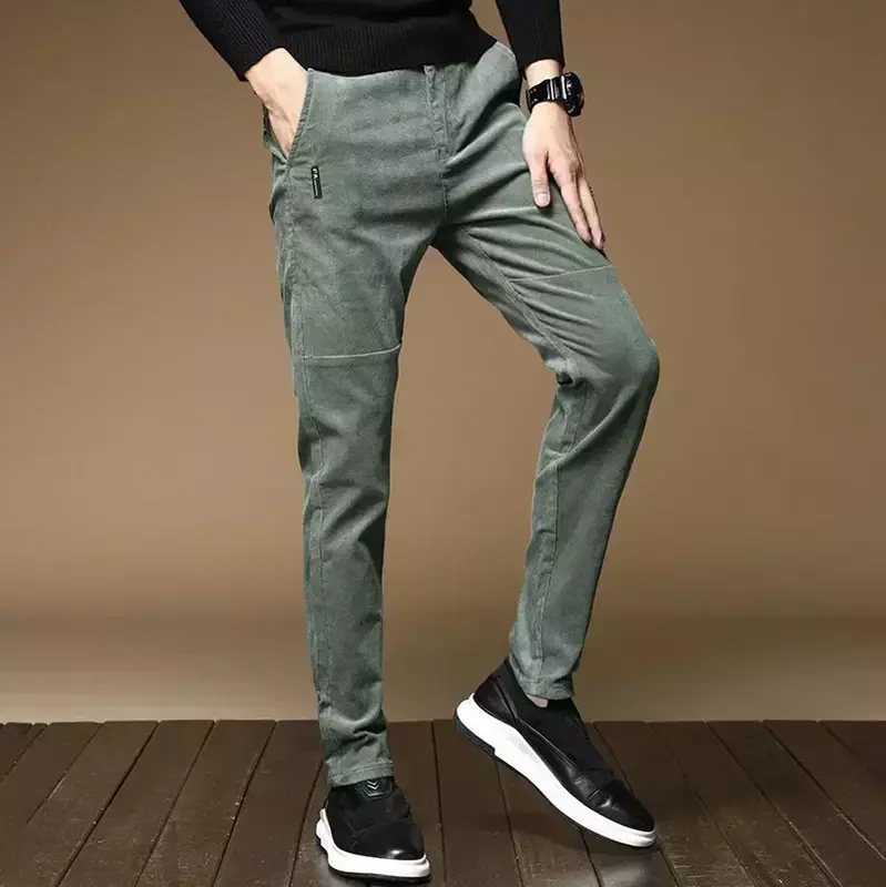 2023 New Winter Fleece Warm Corduroy Pants Men Business Fashion Slim Fit Stretch Thicken Gray Green Fluff Casual Trousers Male