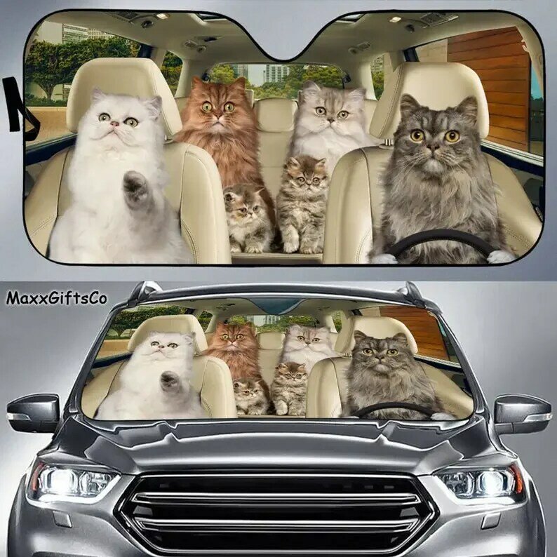 Perzische Kat Auto Zonnescherm, Perzische Kat Voorruit, Katten Familie Zonnescherm, Kat Auto Accessoires, Auto Decoratie, Cadeau Voor Papa, Mama