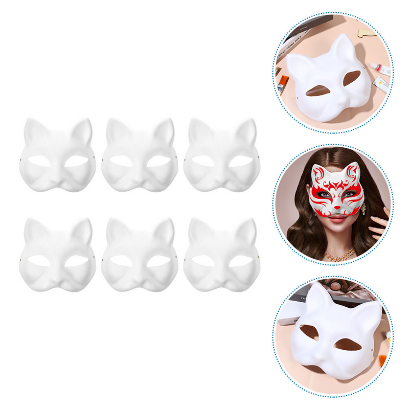 Máscara em branco para festa, máscaras brancas, papel de baile, adereços de desempenho, acessórios de maquiagem, animais, gato Therian, pintura DIY, 6 pcs