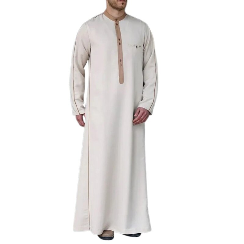 Caftan à manches longues pour hommes, Robe arabe traditionnelle, Robe musulmane à col ras du cou, Robe islamique, vêtements
