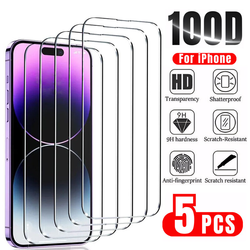 5Pcs Tempered Glass for iPhone 14 13 12 11 15 Pro Max Mini Screen Protector for iPhone XR X XS MAX 7 8 Plus SE Protective Glass