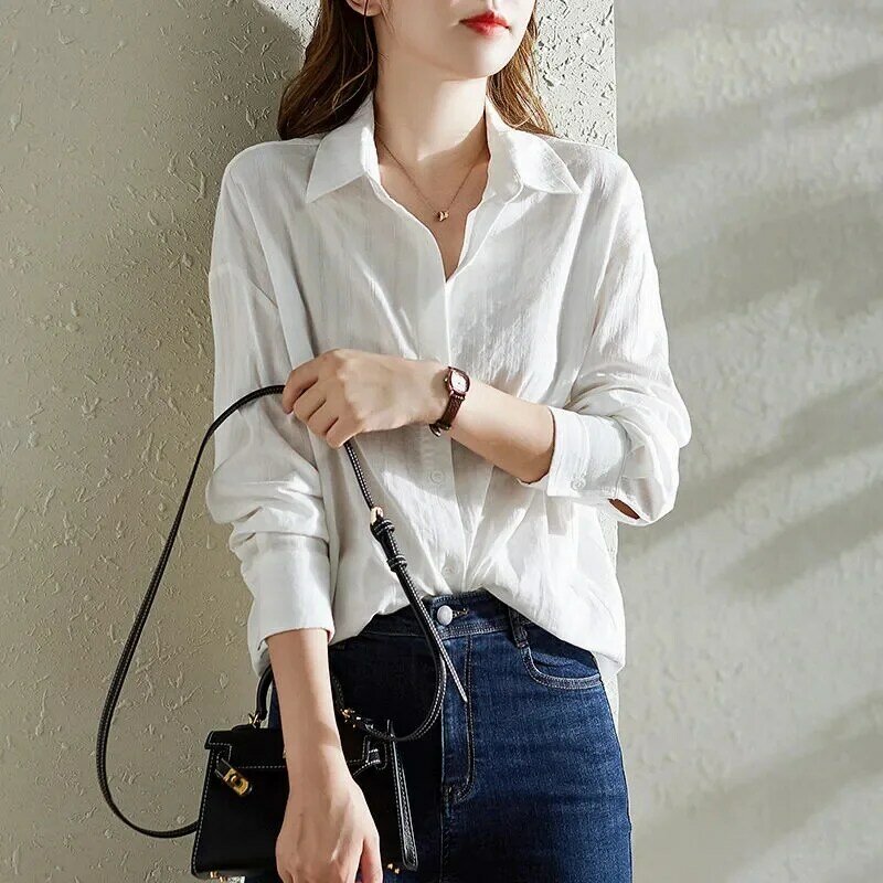 White Cotton Blouse 2024 Long Sleeve Shirts Women Korean  Loose Stripe Cardigan Coat Casual All-Match Thin Tops Feminina Blusa