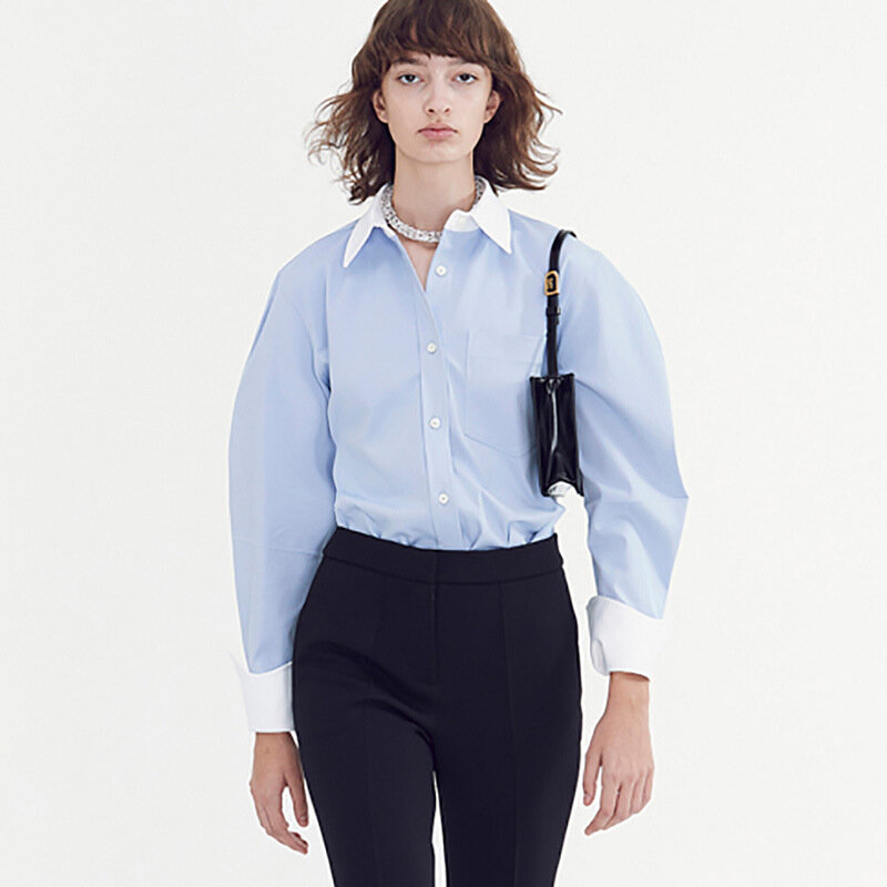 Весна 2024, Синяя Женская рубашка, французское пальто, дизайнерская рубашка, маленький Топ с длинным рукавом