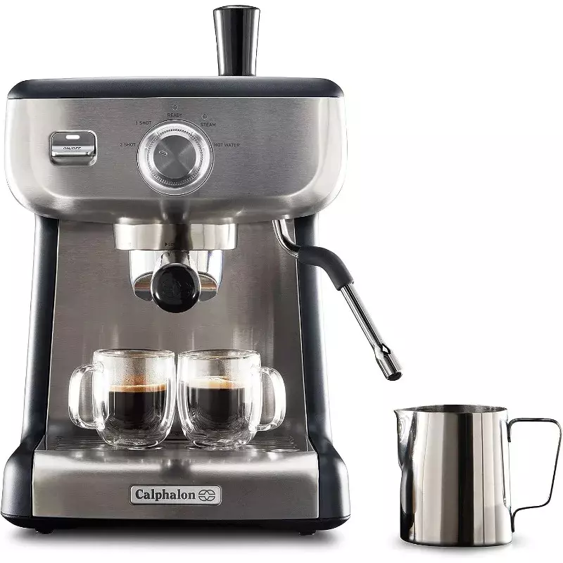 Calphalon Espresso Machine with Coffee Grinder, Tamper, Milk Frothing Pitcher, and Steam Wand, Temp iQ 15 Bar Pump, Stainless