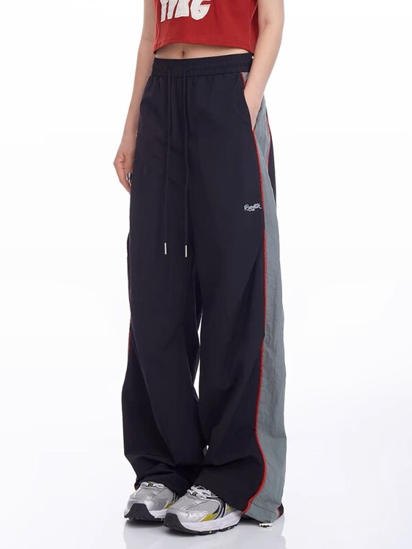 HOUZHOU-Calças casuais cáqui de perna larga feminina, calças paraquedas, streetwear listrado, calças largas largas, pretas, vintage, Y2K, pretas