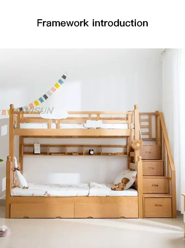 bed Cute Pattern Simple Style Beech Solid Wood Two-Story Children's Bunk  Girl Liked Multifunctional Storage Nordic Child